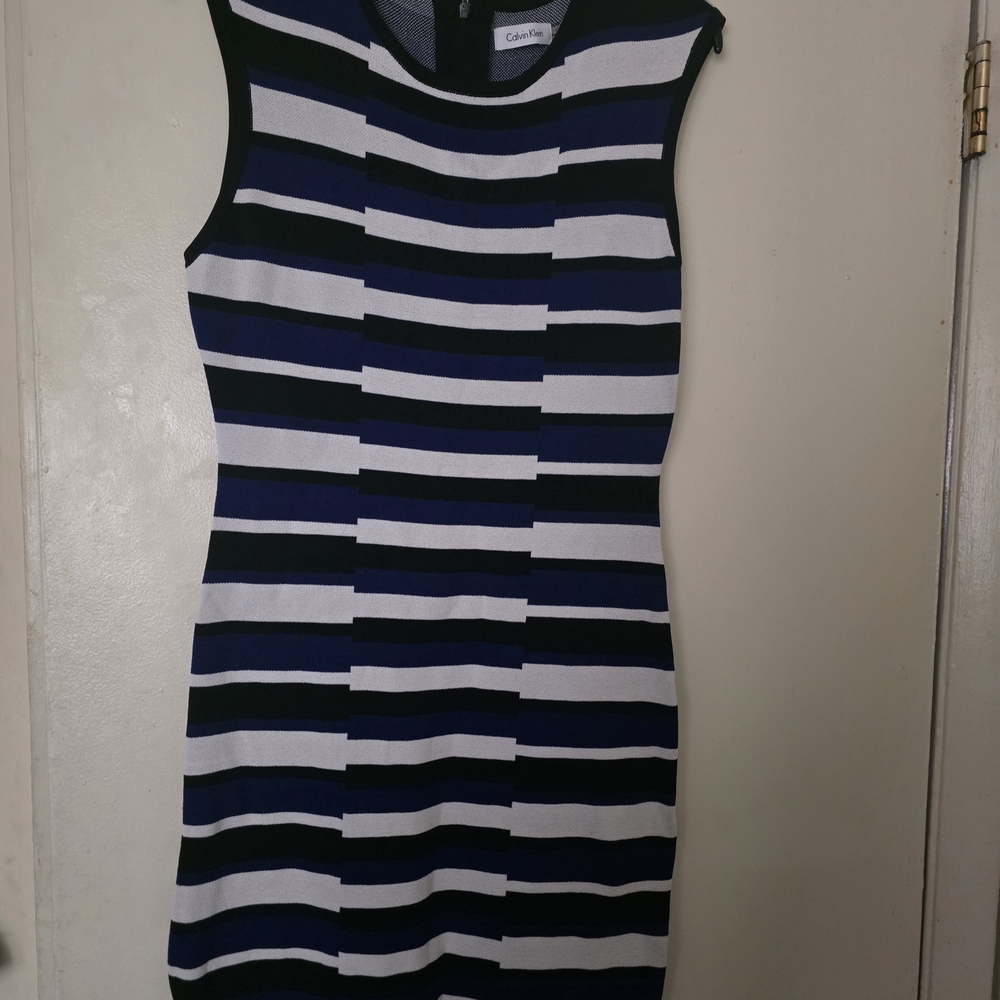 Calvin Klein Striped Mini Dress - Black, Blue, and White